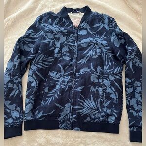 [Tag:L/Ptp:21”]Zara Denim Couture Navy Floral linen Bomber Jacket Lined